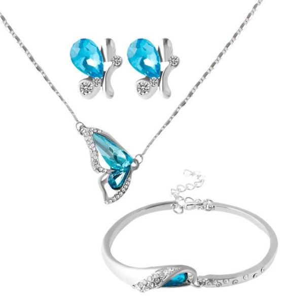 

luxury women bridal jewelry sets butterfly rhinestone crystal necklaces stud earrings bracelet set silver colors 916827, White