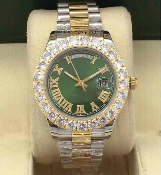 

luxury wristwatch amazing green dial automatic movement mens18k 41mm yellow gold bigger diamond ceramic bezel mechanical men watches, Slivery;brown
