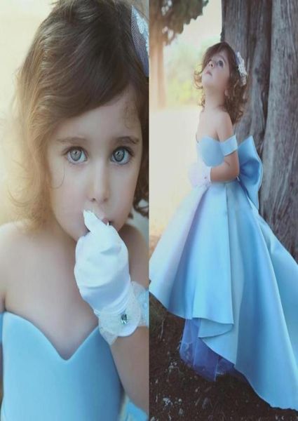 

2020 cute girls pageant dresses off shoulder sky blue cap sleeves bow satin high low princess party kids birthday girls flow5748982, White;red