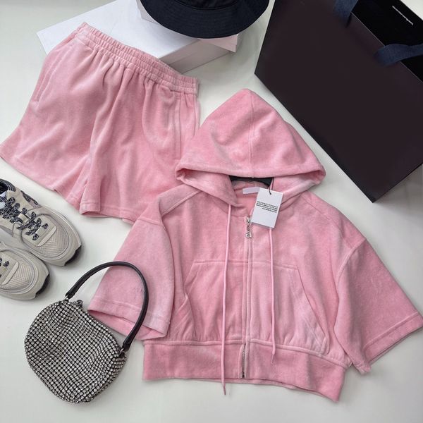 

designer velvet two piece shorts 2023 fashion casual tracksuit short sleeve loose hooded jacket and elasticity waist shorts, White