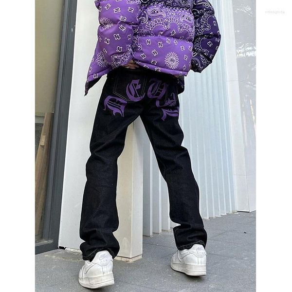 

men's jeans men's y2k cashew flowers purple streetwear casual pants punk hip hop letter print baggy harajuku straight denim trouse, Blue