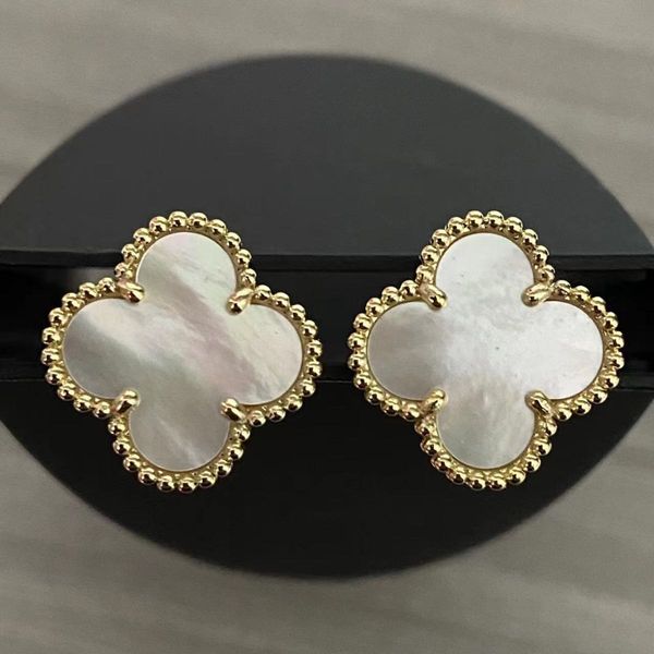 

charm stud earrings two flowers 4/four leaf clover back mother-of-pearl silver 18k gold plated titanium agate for women girls valentine&#039, Golden;silver
