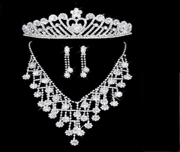 

rhinestone flowers bridal jewelry sets crown earrings neckline 3 pieces tiaras for wedding hair accessories8950220, White