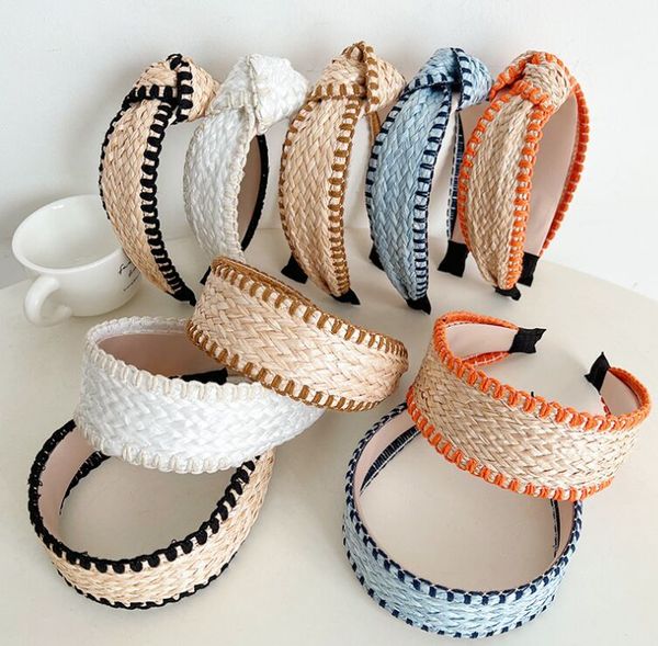 

women headband wide edge straw braid headbands bohemian hoops elegant temperament knot hair grottoes hairbands, Black;brown
