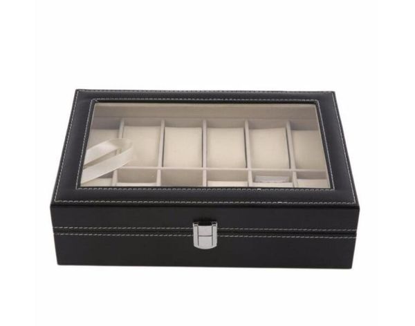 

12 slots grid pu leather watch box display box jewelry storage organizer case locked boxes retro saat kutusu caixa para relogio6328243, Black;blue