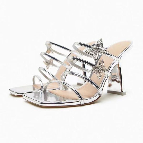 

women's shoe designer 2023 fashionable and outerwear square headed one piece with butterfly rhinestone thick high heel open toe sandals, Black