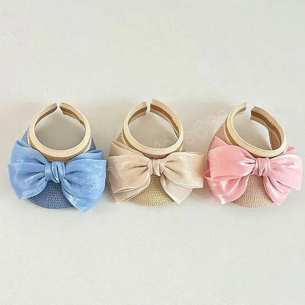 

1-4y kids straw hat girls boys big brim kids sun hat baby summer sunhat with big ribbon bow baby empty children beach cap, Blue;gray