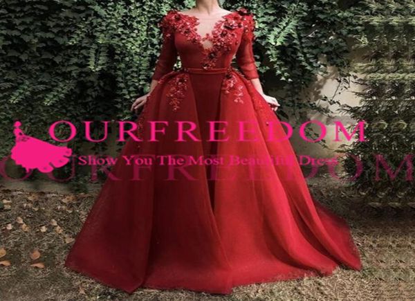 

burgundy illusion evening gown long sleeve sequin flowers dubai kaftan saudi arabic elegant formal dress muslim evening pageant dr6575657, Black;red
