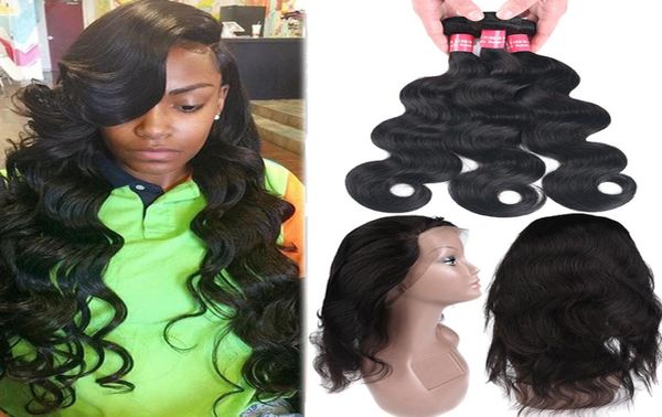 

8a brazilian straight body wave virgin human hair 3 bundles with 360 full lace closure remy 3 bundles brazilian peruvian human h6925117, Black