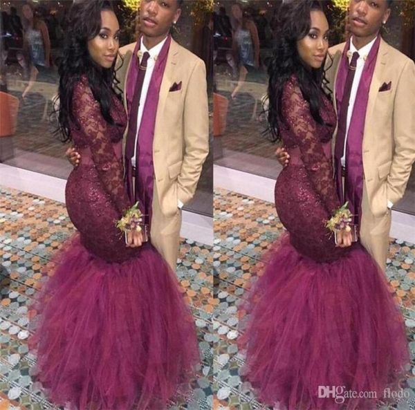 

burgundy mermaid prom dresses dubai illusion long sleeves black girl evening gowns high neck red carpet celebrity dresses new arri3683455