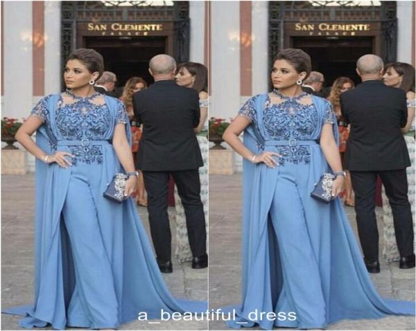 

new design jumpsuits prom dresses with wrap saudi arabic beaded applique evening gowns long women party suit ed12072064176, Black;red