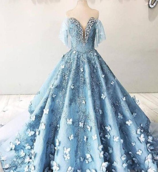

2019 fascinating butterfly lace prom dress quinceanera dresses off shoulder appliques ball gown prom red carpet formal evening wea8341041, Blue;red