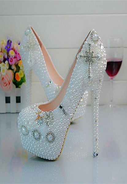 

crystal wedding shoes cross rhinestone bridal dress shoes white pearl platform shoes birthday party prom pumps large size 452968761, Black