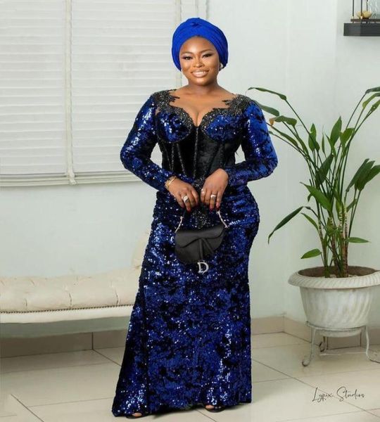 

dark blue plus size evening dresses long sleeves sparkly sequins mermaid v neck crystals beaded vestido floor length prom party go6738634, Black;red