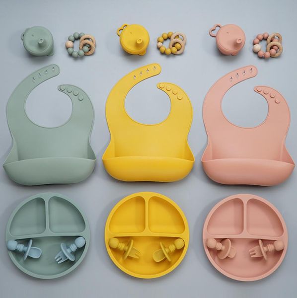 

6pcs gift set bpa food grade baby silicone bib fork spoon dishes plate bowl baby feeding supplies newborn accessories y2007105511768