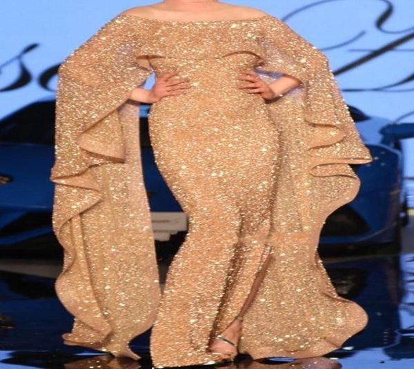 

gold sequined arabic dubai style prom dresses with wrap sleeves mermaid off shoulder ruffles long evening party gowns5620841, Black