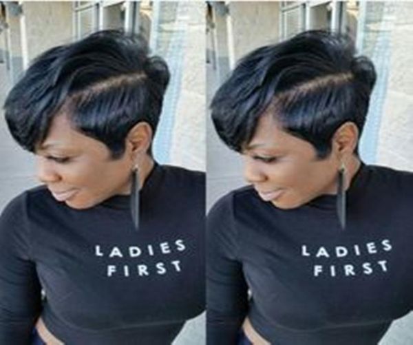 

100 human hair pixie side part little lace front wigs for black women natural color machine made short pixiecut wig8985922, Black;brown