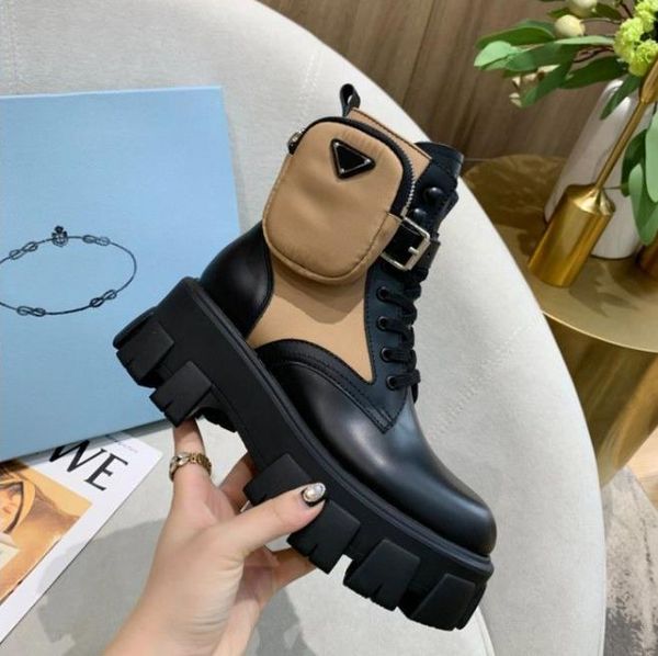 

new designer men women pra da boots monolith shiny detachable nylon pouch combat shoes nylon hailf outdoor thick bottom mid-length boot 35-4, Black