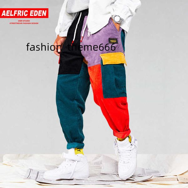 

aelfric eden men corduroy patchwork pockets cargo pants 2018 harem joggers harajuku sweatpants hip hop streetwear trousers ur51, Black