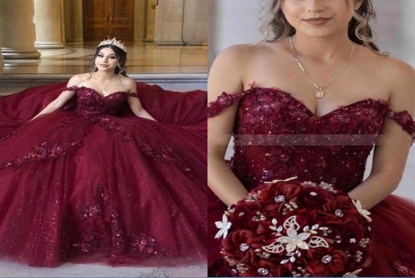 

2023 burgundy tulle prom quinceanera dresses off the shoulder floral flowers lace applique beads princess layers sweet 16 dress gr1847959, Black