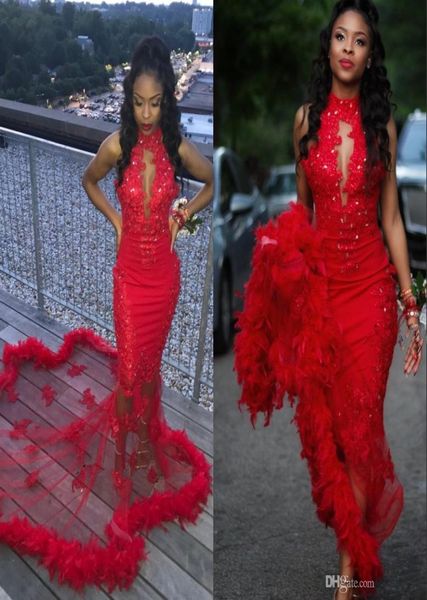 

red mermaid prom dresses modest feathers evening dress party pageant gowns special occasion dress dubai black girl couple day robe7761423, Black;red
