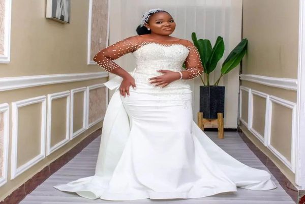 

plus size pearls mermaid 2022 wedding gowns with detachable train beaded lace appliqued bridal gown custom made robe de mariee8659950, White