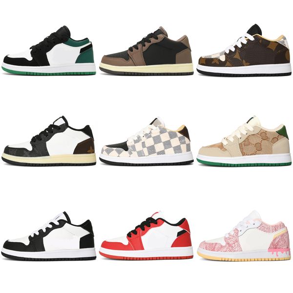 

jumpman 1 kids low basketball shoes boy girl shoes obsidian chicago bred dark mocha outdoors sneakers multi-color size 24-37, Black