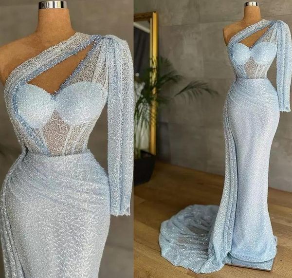 

one shoulder light blue sequins prom dresses luxury bling beaded long sleeves formal evening dress party pageant gowns robe de mar9689823, Black