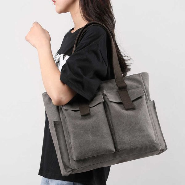 

women's simple large capacity portable briefcase durable canvas versatile casual cloth bag undergraduate class shoulder bag