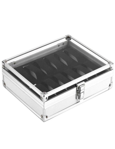 

useful aluminium watches box 12 grid slots jewelry watches display storage box square case suede inside rectangle watch holder5168656, Black;blue