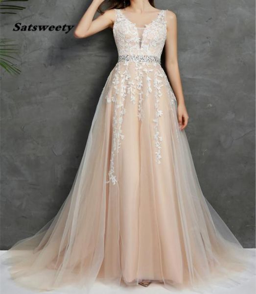 

2021 wedding dresses v neck light champagne floor length applique open back a line backless bridal dress vestido de noiva mariage1070288, White