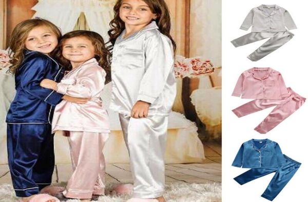 

children baby kid girls satin solid color pyjama set langarm buttondown collar button decro sleep suit7924768, Blue;red