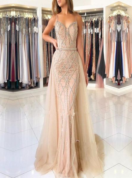 

luxury champagne spaghetti mermaid prom dress vintage shinny beaded eening dresses with detachable train long formal party pageant6323910, Black