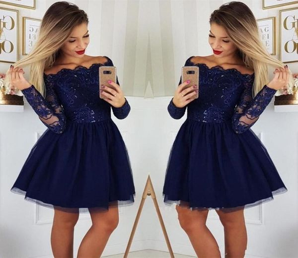 

dark navy short prom dresses long sleeves lace a line homecoming dress tulle applique cocktail party dresses plus size vestidos de4683765, Black