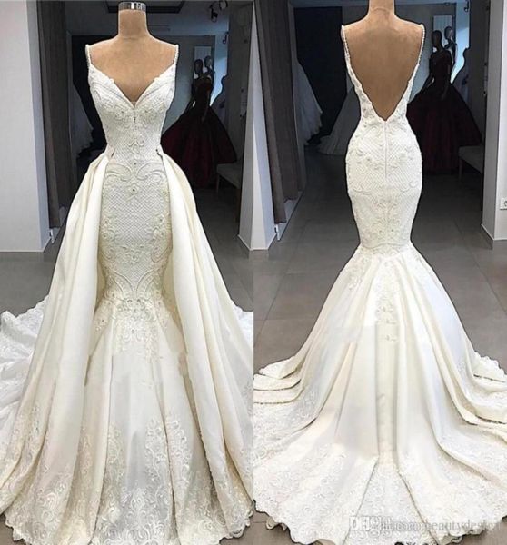 

delicate mermaid wedding dresses with detachable train 2019 v neck lace wedding dress plus size backless bridal gowns custom made6199341, White