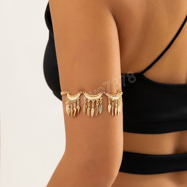 

fashion aesthetic design leaf pendant upper arm bracelet vintage metal adjustable cuff arm bracelet trend women's jewelry, Golden;silver