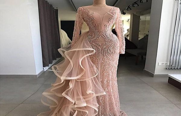 

aso ebi mermaid evening dresses with long sheer neckline ruffles tulle illusion long sleeves prom dress major beading vestidos de 1678489, Black;red