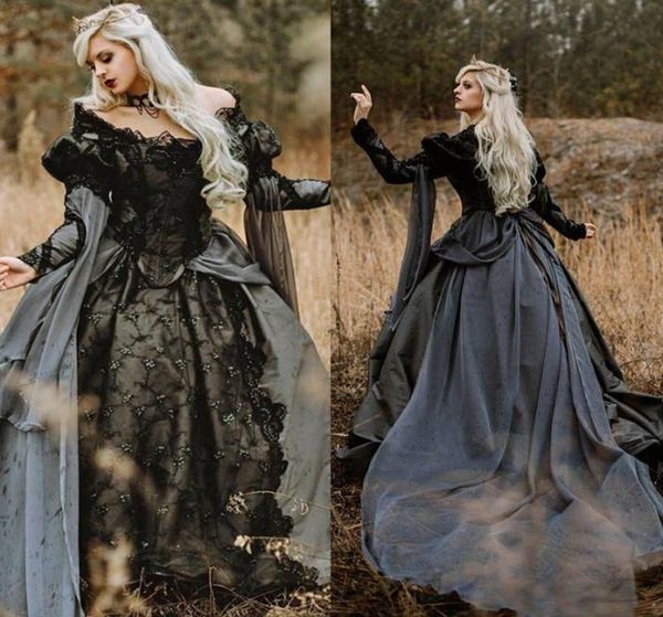 

gothic black and gray ball gown wedding dresses lace appliques puff long sleeve country garden vintage victorian wedding gowns bri8826161, White