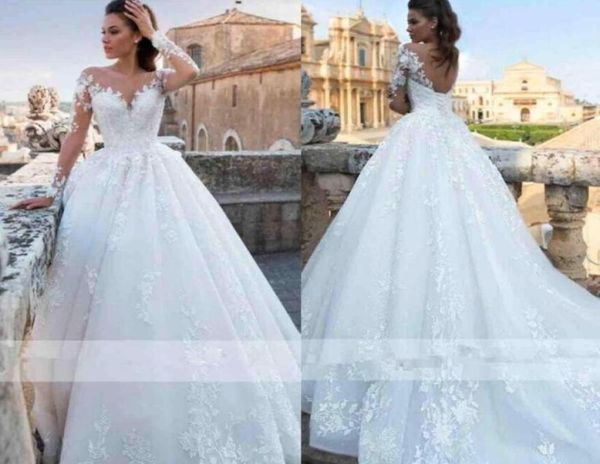 

romantic elegant ivory full lace wedding dresses 2019 sheer neck long sleeves a line tulle wedding bridal gowns corset back weddin1459044, White