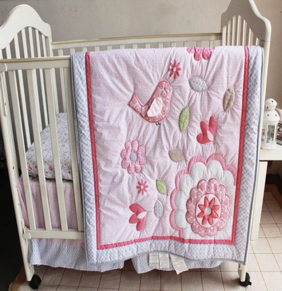 

2015 selling baby bedding sets applique embroidery 3d bird baby crib bedding sets 100 cotton 7pcs baby quilt bed around5846194