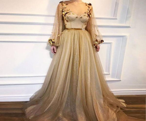 

gold long sleeves evening dresses 2018 sheer neck flowers tulle floor length formal evening gowns shiny prom dresses zipper up4190902, Black;red