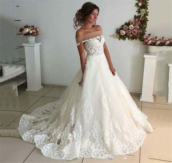 

off the shoulder bateau sleeves ball gowns bridal gowns with lace applique sweep train laceup custom made wedding gowns3675353, White