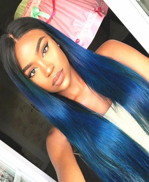 

silky straight ombre full lace wigs glueless two tone 1btblue lace front human hair wigs for women with natural hairline blue hair1440630, Black;brown