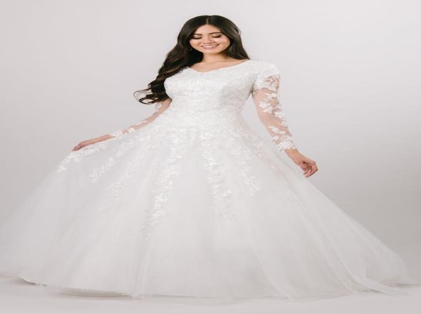 

2020 new aline modest wedding dresses with long sheer sleeves v neck sequined lace tulle dropped waist buttons back religious bri1955126, White