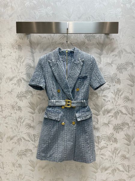 

2023 elegant lady luxury letter pattern ladies double breasted dress with metal belt women fashion turn down collar high waist dresses, Black;gray