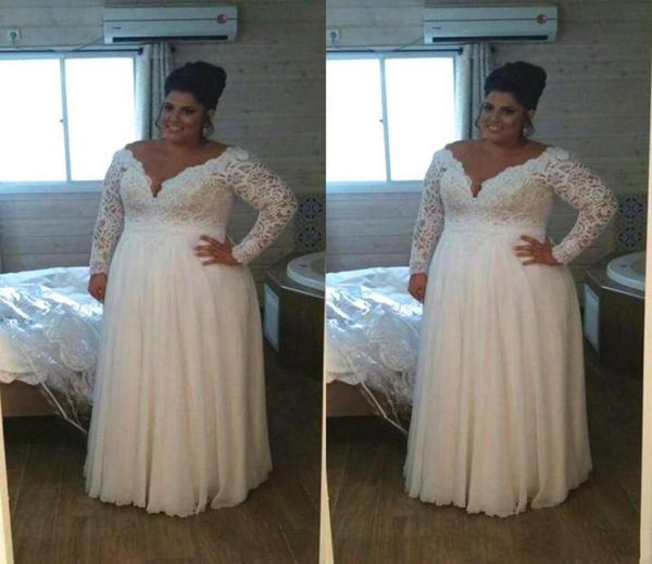 

2022 simple plus size wedding dresses a line formal bridal gowns long sleeves deep v neck illusion boho lace appliques chiffo5232823, White