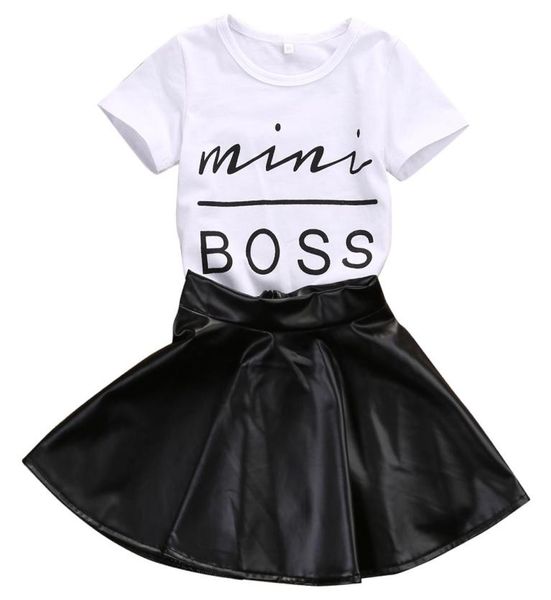 

2018 new fashion toddler kids girl clothes set summer short sleeve mini boss tshirt leather skirt 2pcs outfit child suit9665752, White