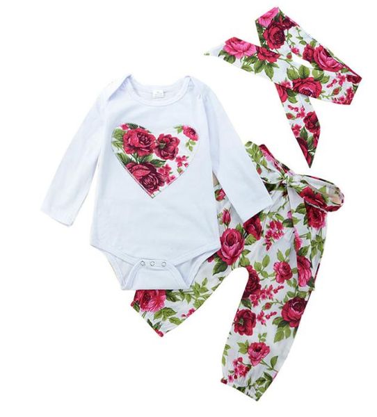 

baby girls flower clothes cotton boutique clothing toddler romperpantsheadband 3pcs red outfits set floral heart kid girls suit 1012357, White