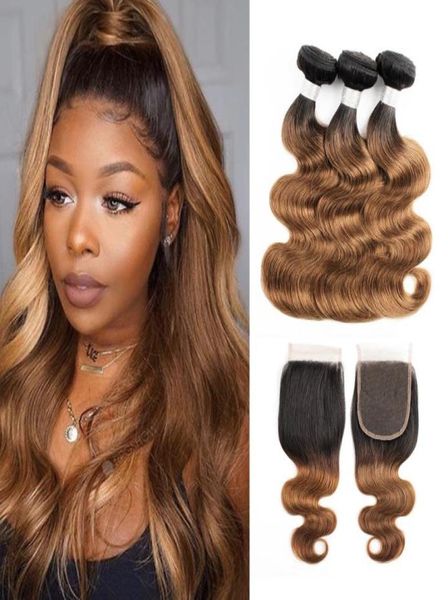 

ombre brown hair bundles with closure 1b 30 dark roots peruvian body wave hair 3 bundles with 4x4 lace closure remy hair extension5794602, Black;brown