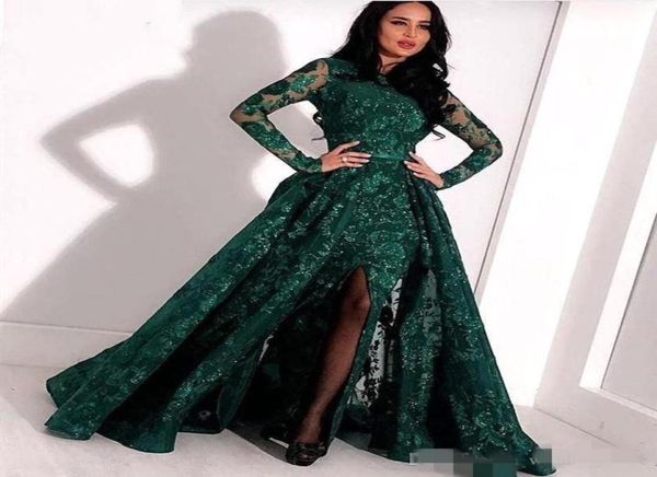 

dark green prom dresses long sleeves lace sequins applique jewel neck slit ribbon overskirt floor length evening gown formal occas3674278, Black